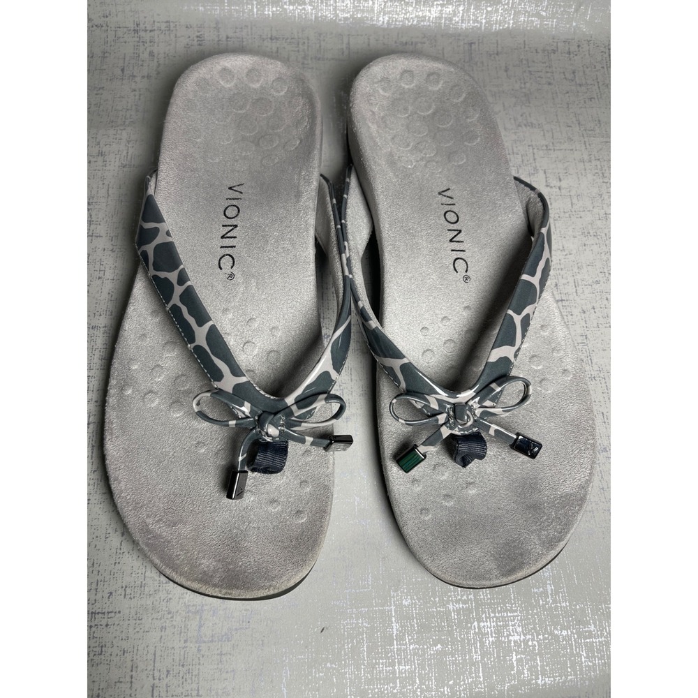 Vionic Bella Grey Giraffe Print Orthotic Flip Flop Sandals Bow 8.5 - Picture 2 of 7